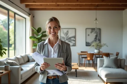 Femme souriante tenant plans et tablette dans salon rénové