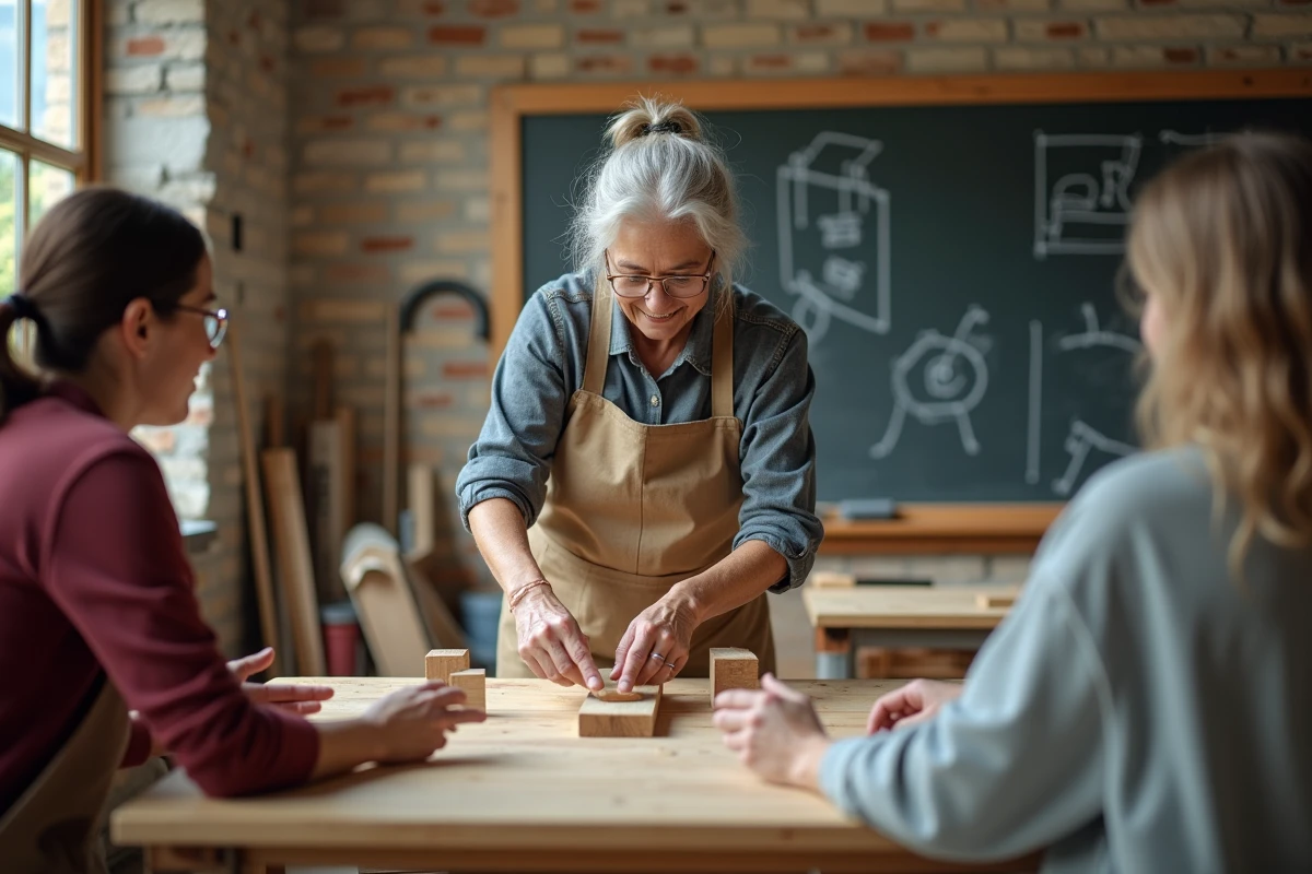 Femme retraitée animant un atelier de bricolage pour adultes dans un centre communautaire