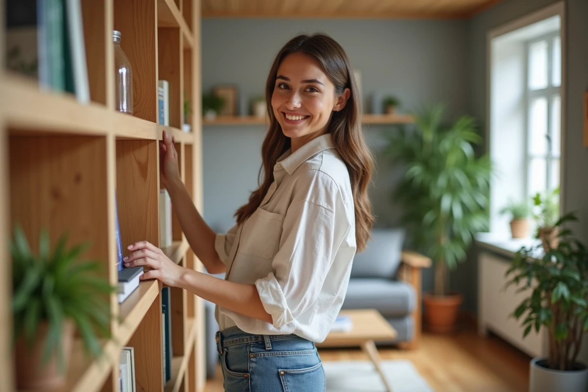Jeune femme touchant une bibliothèque en bois écologique