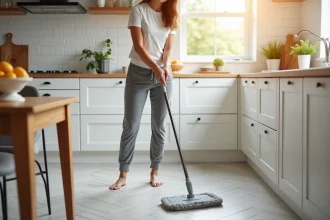 Femme utilisant une serpillière essoreuse innovante sur carrelage de cuisine moderne