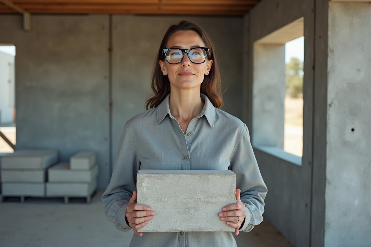 Femme testant un grand format de parpaing sur un mur en construction dans un chantier semi-couvert