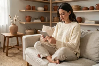 Femme consultant un test de style déco maison sur une tablette dans un salon scandinave bohème aux tons chauds