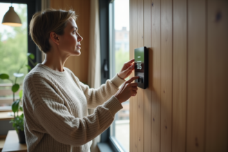 Femme ajustant un thermostat numérique dans un salon moderne