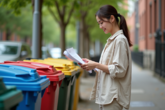 Jeune femme triant des papiers dans des poubelles de recyclage
