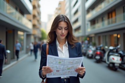 Jeune femme en ville étudiant une carte immobilière