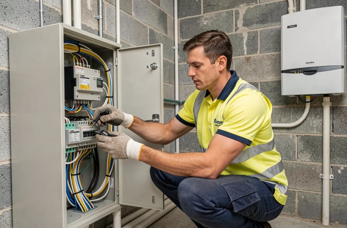 Technicien Fibre Elec raccordant le câblage d'un onduleur solaire à un tableau électrique dans la chaufferie d'une maison française