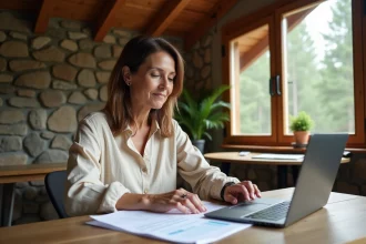 Femme examinant des documents de financement alternatif pour un chalet habitable à l'intérieur d'un chalet en bois