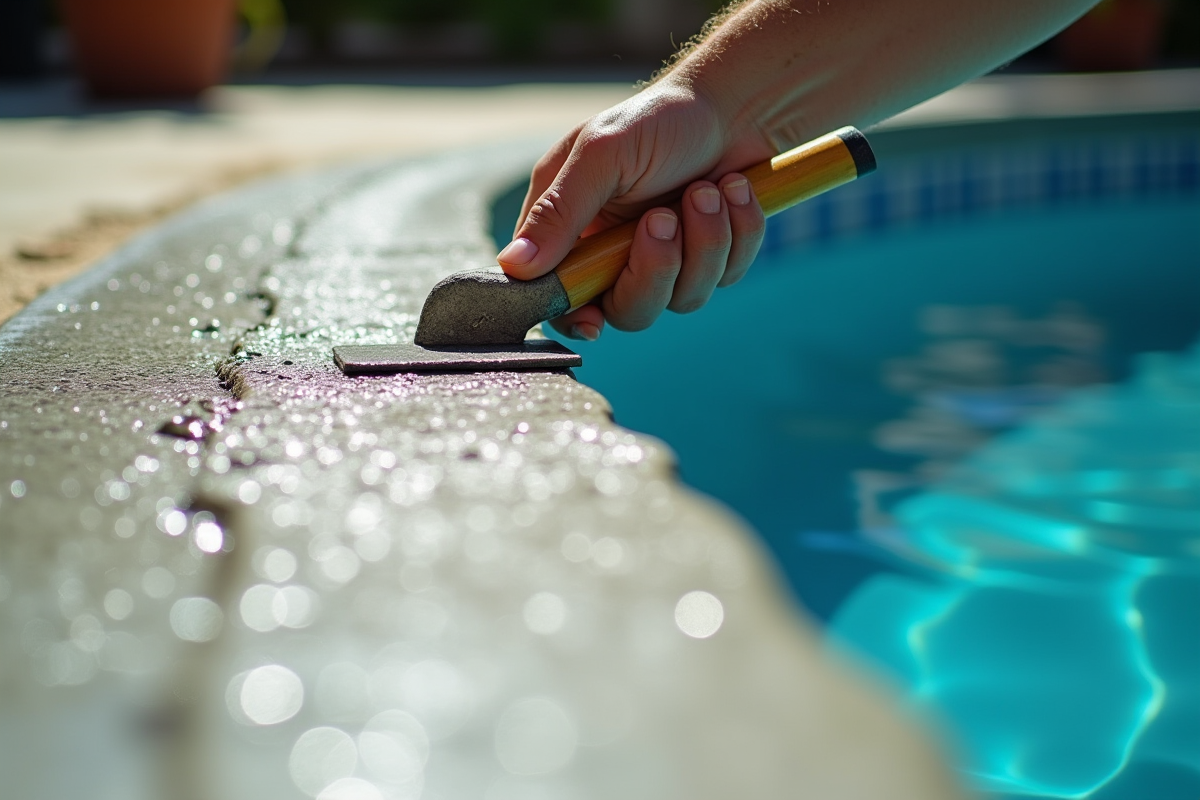 Main finissant le béton texturé autour de la piscine