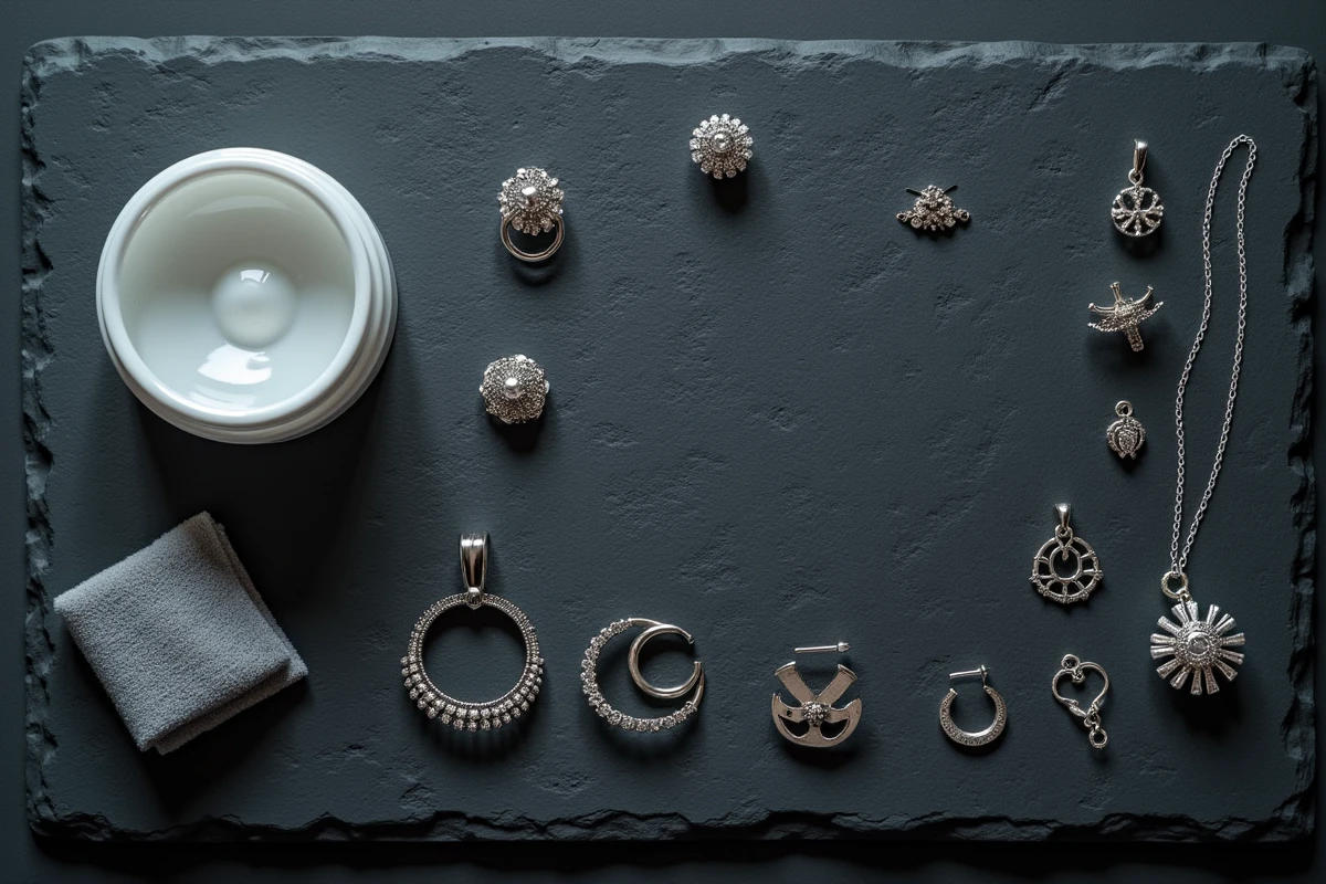 Flat lay éditorial de produits nettoyants innovants pour bijoux en argent en 2026 sur une ardoise noire