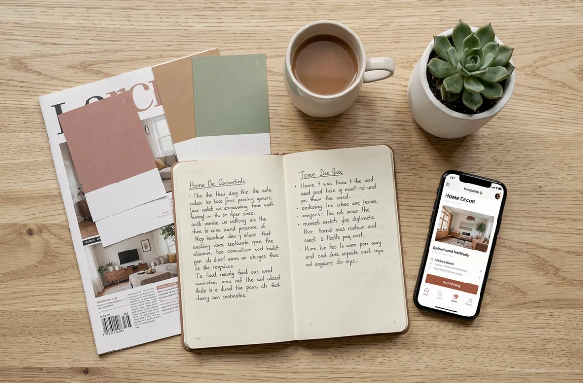 Flat-lay de swatches de couleurs, magazines et carnet de notes pour un quiz de style déco intérieure