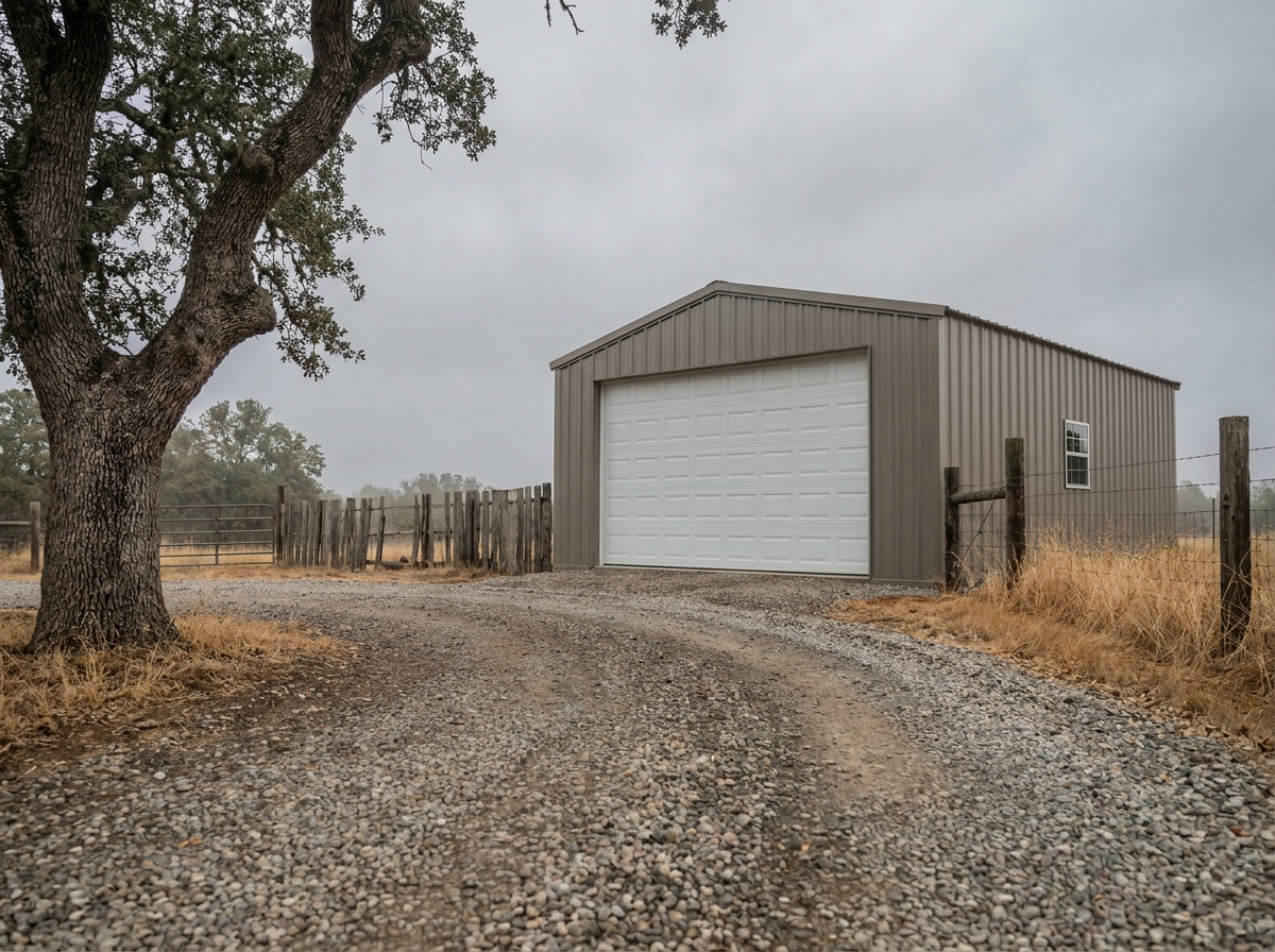 Garage en kit autoportant installé sur terrain rural avec allée en gravier
