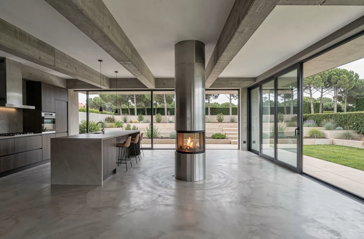 Intérieur de villa contemporaine en open plan avec structure béton, sol en résine grise et grande façade vitrée sur jardin, projet Fabrice Ginocchio et Hélène Marché Architectes