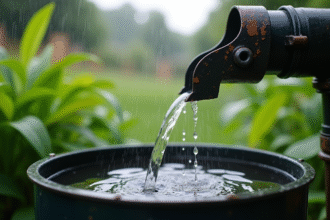 Eau de pluie coulant d'une gouttiere moderne dans un barrel vert