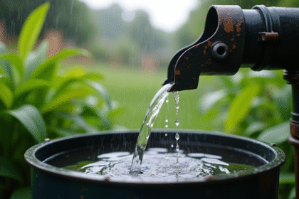 Eau de pluie coulant d'une gouttiere moderne dans un barrel vert