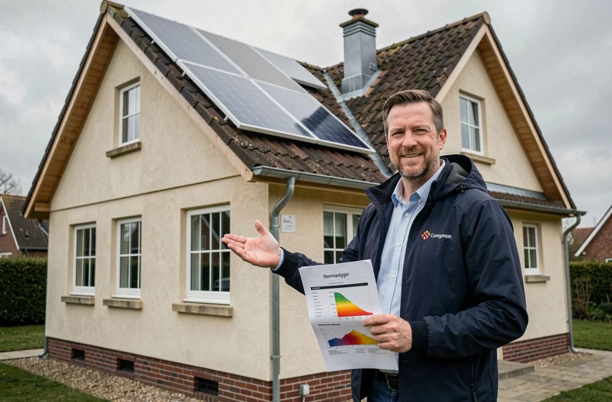 Conseiller Grenier Generconfort présentant un rapport de performance énergétique devant une maison normande équipée de panneaux solaires et d'une ventilation optimisée