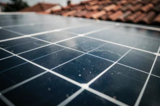 Gros plan sur la surface d'un panneau solaire monocristallin posé sur un toit résidentiel, montrant les cellules photovoltaïques en détail