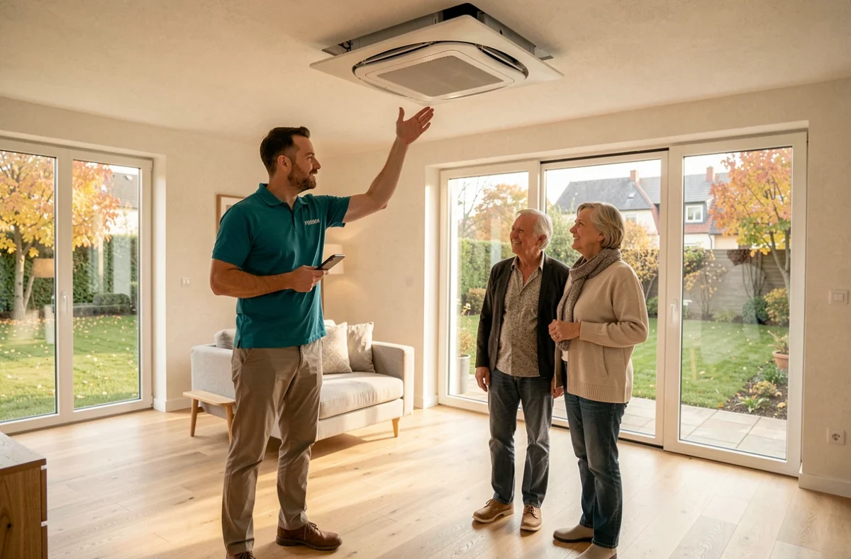 Consultant Habitat Confort d'Alsace présentant une cassette de climatisation à un couple dans un salon moderne alsacien