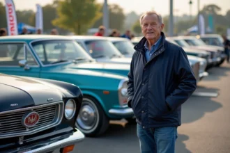 Homme en veste navy devant voitures classiques et modernes