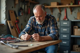 Homme concentré examinant des fils électriques dans un sous-sol