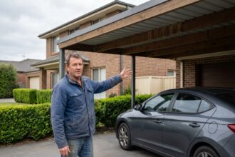 Homme debout près d'un carport moderne dans une cour résidentielle
