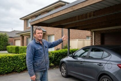 Homme debout près d'un carport moderne dans une cour résidentielle