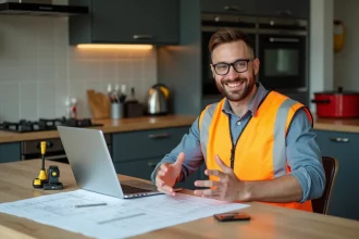 Homme souriant en vestiaire haute visibilité examine plans de construction
