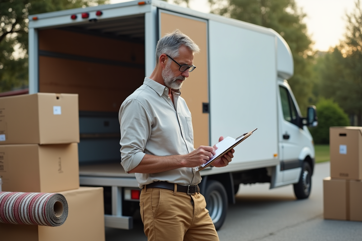 Homme vérifiant sa liste de déménagement devant un van