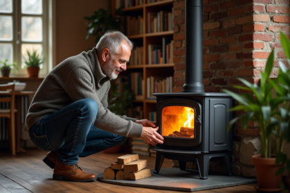 Homme en laine près d'une cheminée en bois chaleureuse
