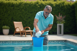 Homme vers la piscine verse du chlore en seau
