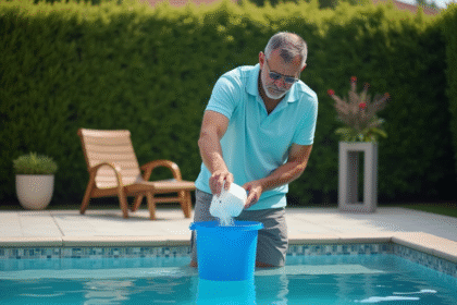 Homme vers la piscine verse du chlore en seau