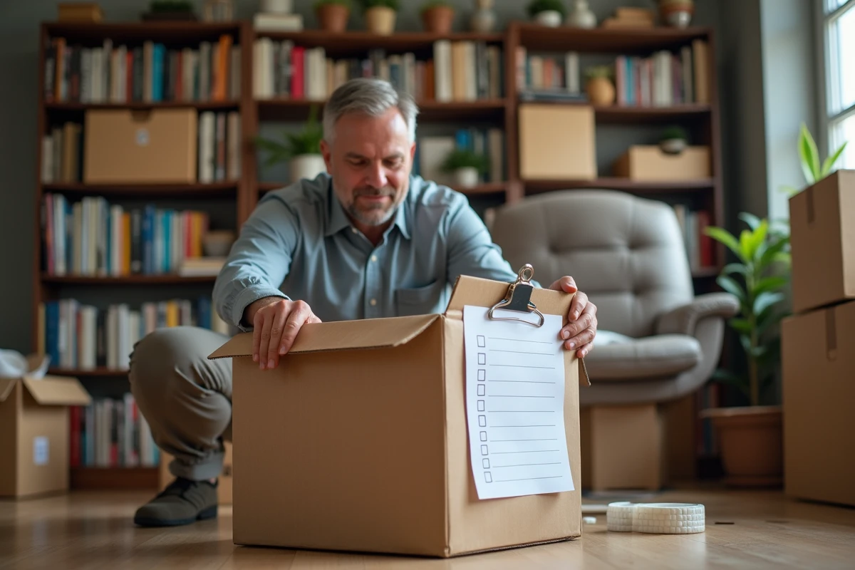 Homme cochant des cases sur une checklist déménagement personnalisée avec des cartons et étagères vides en arrière-plan