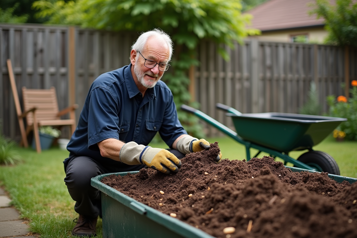 Homme vérifiant le compost dans le jardin