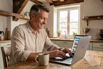 Homme consultant le site Artisan-en-1-clic depuis son domicile alsacien pour un projet de rénovation