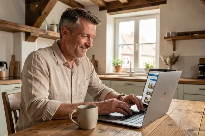 Homme consultant le site Artisan-en-1-clic depuis son domicile alsacien pour un projet de rénovation