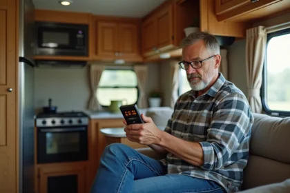 Homme d'âge moyen vérifiant un chauffage dans un camping-car