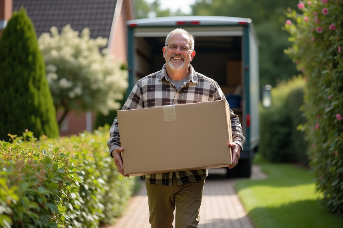 Homme portant une caisse dans le jardin en transition