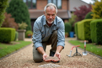 Homme d'âge moyen examinant du gravier dans un jardin