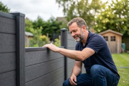 Homme d'âge moyen près d'une clôture composite dans le jardin