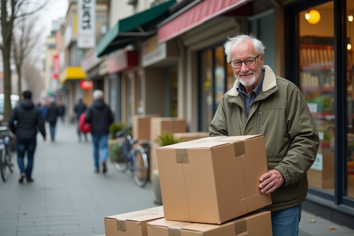 Homme âgé regardant des cartons dehors près du supermarché