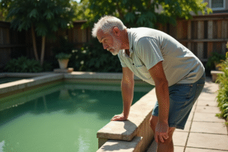 Homme inquiet regardant une piscine verte et trouble