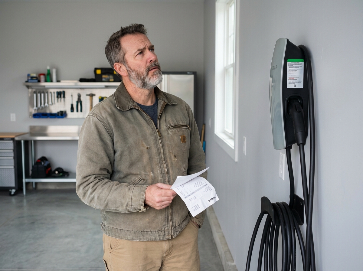 Homme inspectant une facture devant un chargeur de voiture électrique