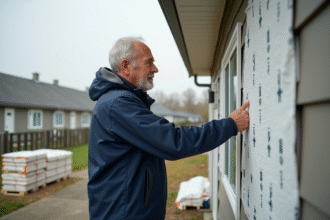 Homme dans la soixantaine examine des panneaux d'isolation extérieure