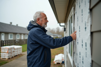 Homme dans la soixantaine examine des panneaux d'isolation extérieure