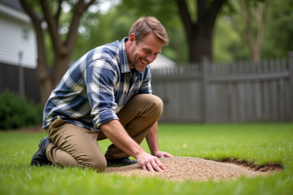 Homme d'âge moyen étalant du gravier dans son jardin