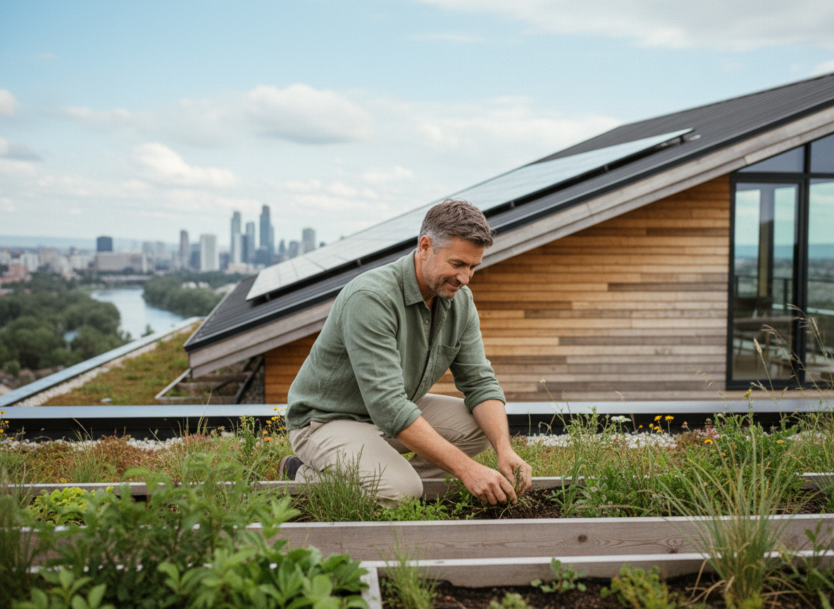 Homme en plein jardinage sur un toit vert avec maison durable