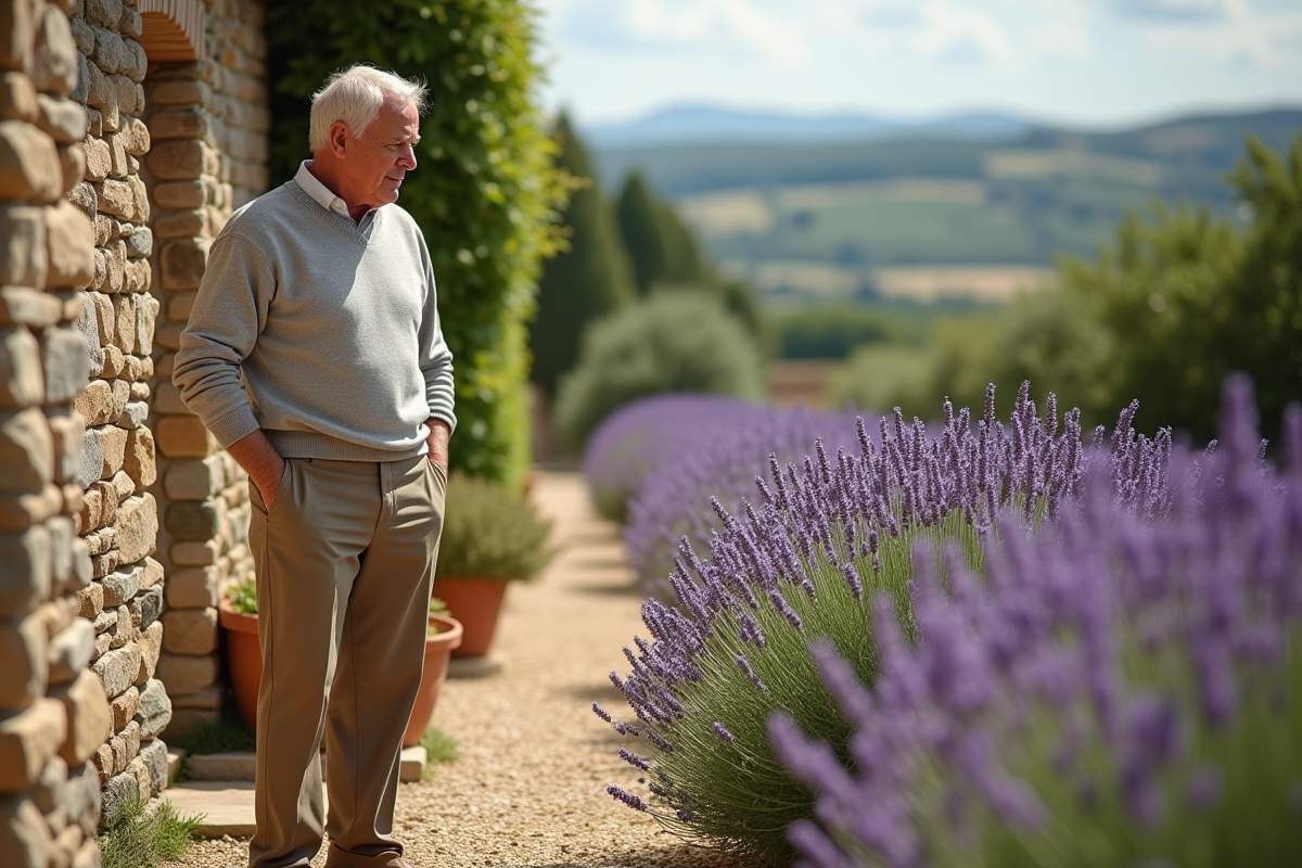 Homme âgé observant des lavandes dans un jardin rustique