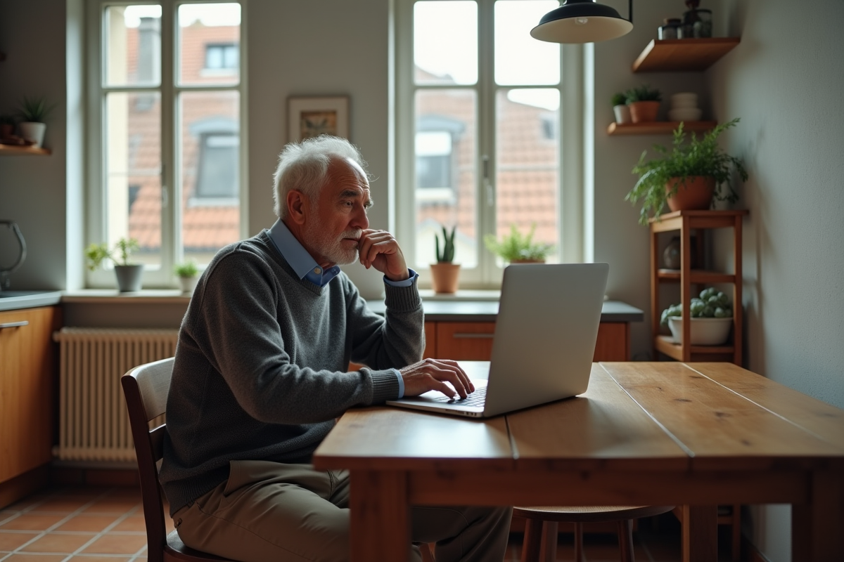 Homme âgé examinant des annonces de location dans son appartement