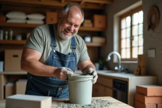 Homme en overalls mélangeant mortier dans un garage organisé