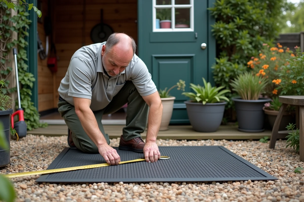 Homme mesurant un tapis en caoutchouc dans le jardin