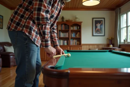 Homme mesurant l'espace autour d'une table de billard à la maison